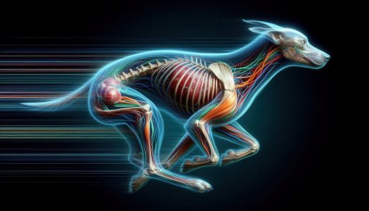 Dynamic dog running anatomical visualization digital art dark background scientific concept